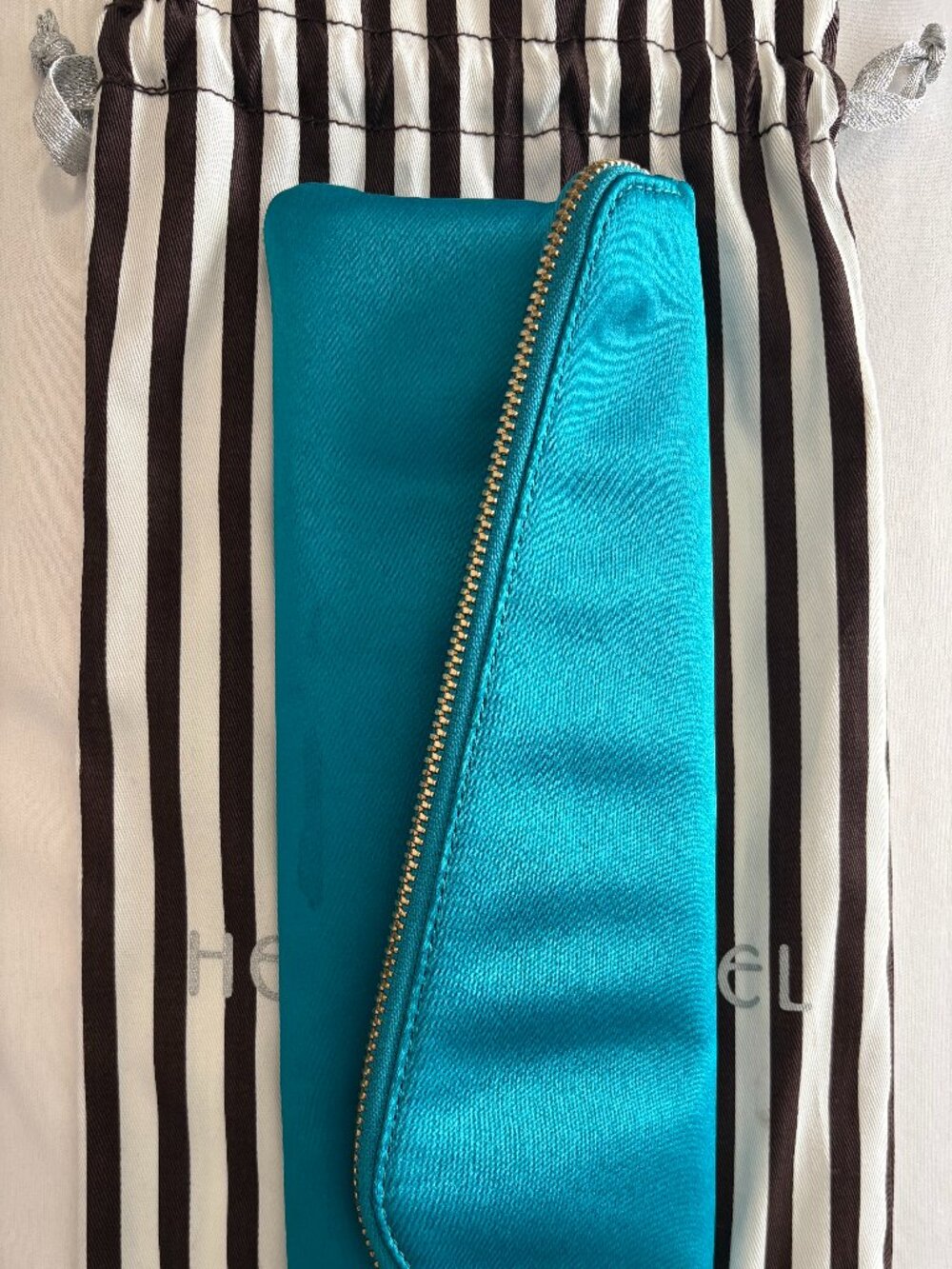 Henri Bendel Debutante Asymmetric Satin Teal Slim Clutch Purse